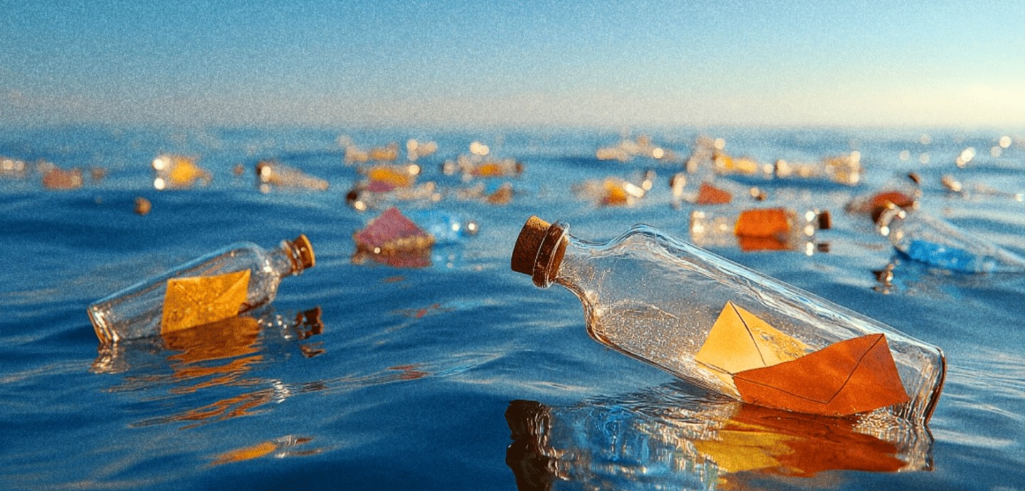 Océan avec des bouteilles contenant des bateaux en papier | MAPi aides publiques